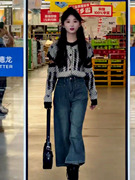韩版时尚格纹长袖针织衫开衫圆领，毛衣外套直筒，八九分阔腿牛仔裤女
