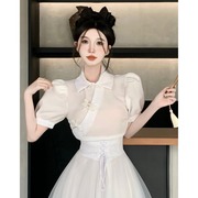 新中式复古盘扣polo领短款雪纺衫女夏高级设计感小众泡泡短袖上衣