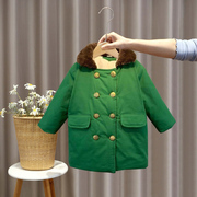 儿童军大衣宝宝棉服男童绿色加绒老款军棉绿大衣复古绿色棉袄外套