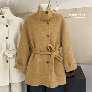 韩系黄色人字纹系带中长款羊绒外套女冬装宽松显瘦羊毛大衣