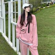 欧洲站粉色卫衣女2023年冬款套装春秋洋派休闲时尚运动两件套