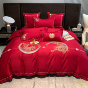 新红色(新红色)四件套全棉，纯棉龙凤被套，床单结婚床品长绒棉中式婚庆100支