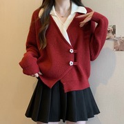 国风新中式盘扣红色毛衣外套女春季胖mm显瘦假两件针织衫上衣