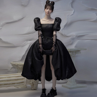 影楼主题拍照服装少女，艺术照赫本黑色婚纱摄影泡泡袖主持走秀礼服