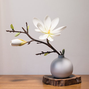 中式仿真玉兰花陶瓷小花瓶，套装摆件客厅，茶几圆桌转盘装饰花艺假花