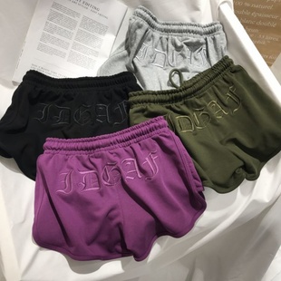 紫色裤子女夏季运动裤刺绣a字短裤高l腰军绿色阔腿裤宽s松休闲热