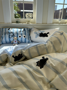 ins少女心条纹小黑猫，床上四件套全棉纯棉，1.5m1.8米被套床单三件套