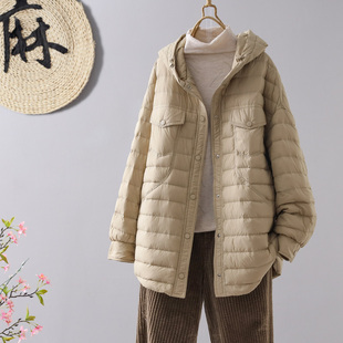 冬季韩版90白鸭绒(白鸭绒，)中长款连帽轻薄羽绒服女士时尚宽松纯色外套