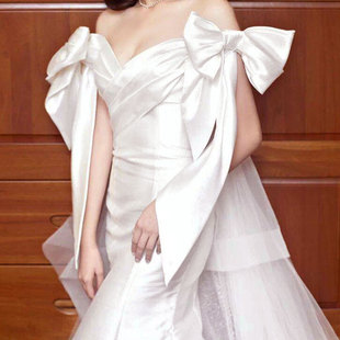 蝴蝶结缎布手纱白色新娘，臂纱造型拍照手套，抹胸婚纱礼服手袖配饰