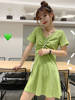 夏季韩版抽绳收腰显瘦混搭森系高腰短袖A字牛油果绿连衣裙女
