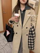Busan 长款夹棉加厚双排扣大衣女2021年冬季韩版黑色毛呢外套