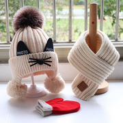 秋冬季宝宝帽子围巾套装儿童加厚针织，毛线帽子围围脖手套可爱猫咪