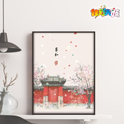 数字油画手工diy新中式，客厅中国风手绘油彩，三联装饰画田园复古风