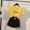 纯棉休闲套装女夏两件套短裤，跑步宽松时尚韩版短袖运动服学生黄色