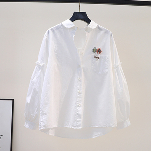 立体花朵单口袋白色棉衬衣女木耳边灯笼袖衬衫2023春季百搭上衣潮