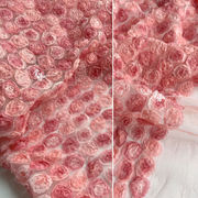 粉色小玫瑰立体花朵网纱创意刺绣披肩连衣裙蓬蓬裙服装设计师面料