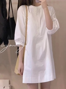 法式时尚白色衬衫连衣裙，女夏泡泡袖，高级感气质圆领中长款裙子