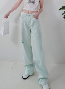175高个子(高个子)加长浅绿色，阔腿牛仔裤女秋季高腰，显瘦直筒垂感拖地裤子