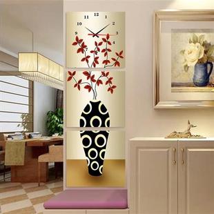 无框画挂钟三联画钟表创意艺术，时针客厅玄关装饰画竖版抽象花瓶