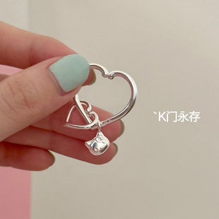 925纯银爱心戒指女款小众设计猫咪，食指戒开口可调节时尚个性指环