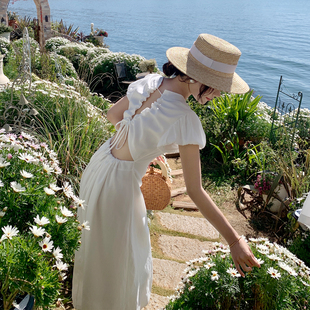 三亚海边度假风沙滩裙小个子收腰显瘦泡泡袖超仙白色连衣裙女夏季