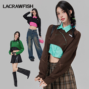 lacrawfish韩系马海毛菱形，镂空针织衫辣妹截短露腰毛衣女冬季