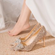 主婚纱订婚结婚鞋香槟色银色高跟鞋水晶婚鞋新娘鞋女细跟2023