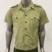 胶木扣豆绿色短袖衬衫男士夏季纯棉的确良翻领土黄色怀旧收藏衬衣