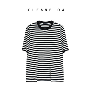 cleanflow黑白细条纹桑蚕，真丝小圆领，超薄短袖针织t恤女夏