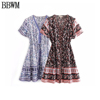 BBWM  欧美女装时尚休闲人棉水印腰部系带短款连衣裙
