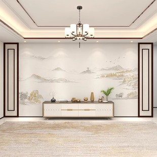 中式禅意山水壁纸电视机沙发，背景墙壁纸客厅影视墙布卧室壁画