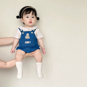 ins韩版婴幼儿卡通牛仔背带裤哈衣套装夏款女宝宝短袖上衣两件套