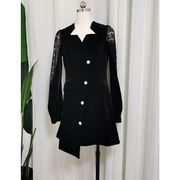 22秋冬设计感黑色连衣裙蕾丝拼接袖星领女裙丝绒气质修身中裙