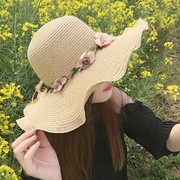 散步遮阳帽夏天韩版女士草帽，子木耳边花朵，波浪边大沿帽沙滩防晒帽