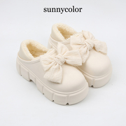 sunnycolor松糕厚底棉鞋，女冬季防水外穿可爱蝴蝶结包跟加绒棉拖鞋