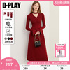 dplay春季新年复古红色，连衣裙法式针织连衣裙，气质收腰长款毛衣裙