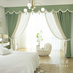 卧室窗帘全遮光抹茶绿清新简约抗菌去甲醛，环保棉麻布帘窗幔头定制