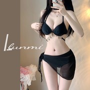 LunMi纶蜜黑色性感比基尼小胸聚拢带钢托钻链度假温泉三件套泳衣