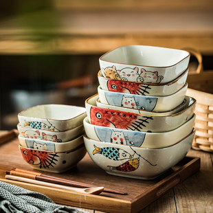 釉下彩日式方碗陶瓷碗米饭碗大小号汤碗  简约卡通早餐碗调料碗