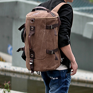 时尚帆布包韩版背包大容量单肩书包男士，圆桶包双肩(包双肩，)包旅行包行李包
