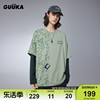 GUUKA浅绿色假两件拼接长袖T恤男春季 情侣240克纯棉上衣宽松