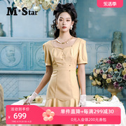 M-Star明星系列夏季短袖法式v领连衣裙女荷叶边鱼尾裙短裙