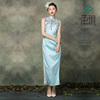 茧玥2020蓝色重磅真丝，拼纱钉珠立体绣花时尚，改良中式旗袍礼服