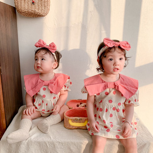2024夏韩系女宝宝甜美波点蝴蝶结姐妹装新生儿三角哈衣送发带