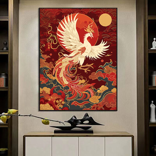 中国风凤凰数字油画，diy填充涂色画新中式客厅油彩丙烯装饰画手工