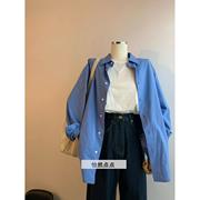 法式蓝色纯棉polo衬衫女春秋秋季衬衣，设计感小众，外搭长袖上衣外套