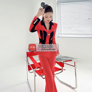 VJE女装设计感红黑撞色小西服喇叭裤两件套秋季正装套装