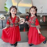 女童民族异域风套装春秋款，幼儿园女宝宝，中国风唐装红色舞蹈演出服