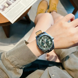 领翔男士简约军事工装风复古碳纤维纹路皮带表中性绿色手表女
