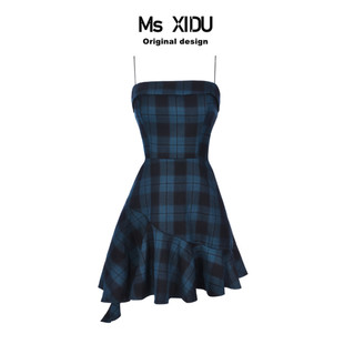 msxidu原创特殊蓝绿，色系!波浪下摆，格子吊带裙打底抹胸裙春夏裙